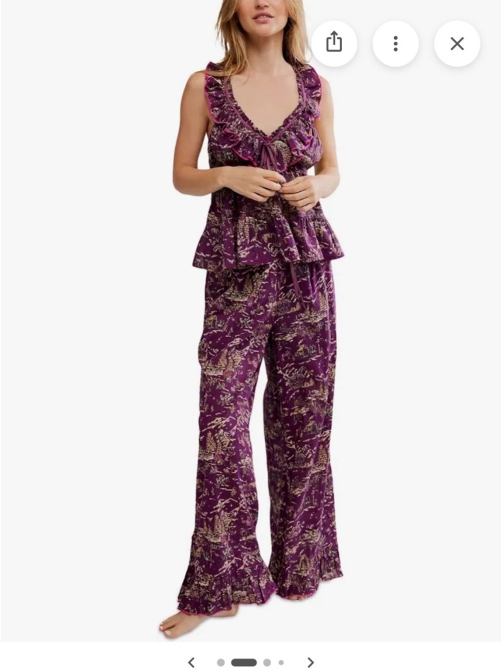 Free People Purple Paisley Ruffle Wide-Leg  Pants Set 100% Cotton